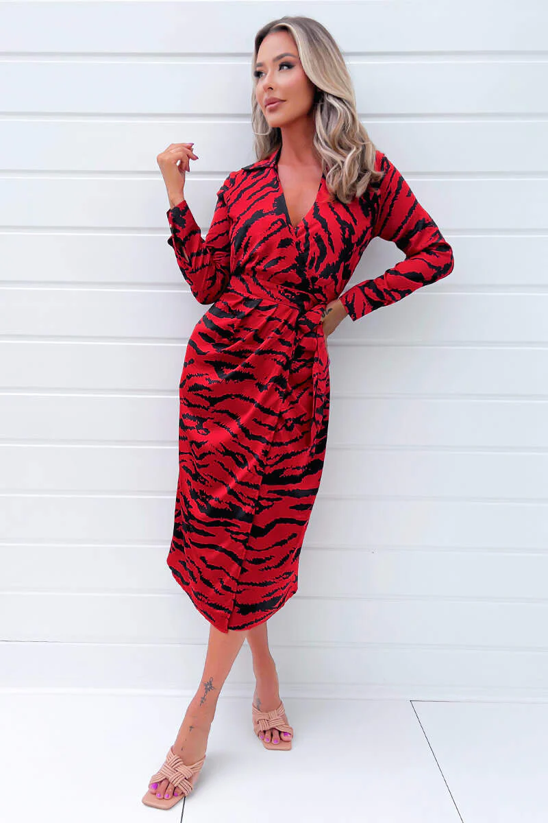 Red And Black Printed Long Sleeve Wrap Belted Midi Dress - Swimclubus