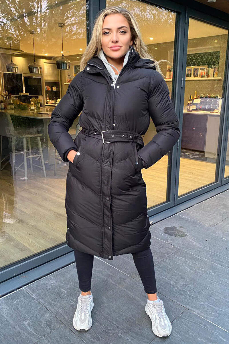 Black Belted Long Puffer Coat - Swimclubus