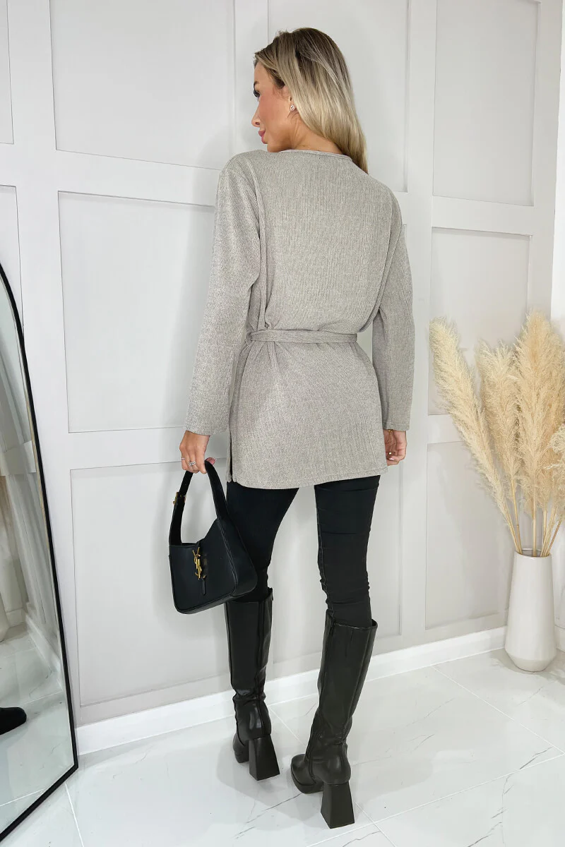 Oatmeal Ribbed Knit Long Sleeve Tie Waist Lounge Top - Swimclubus