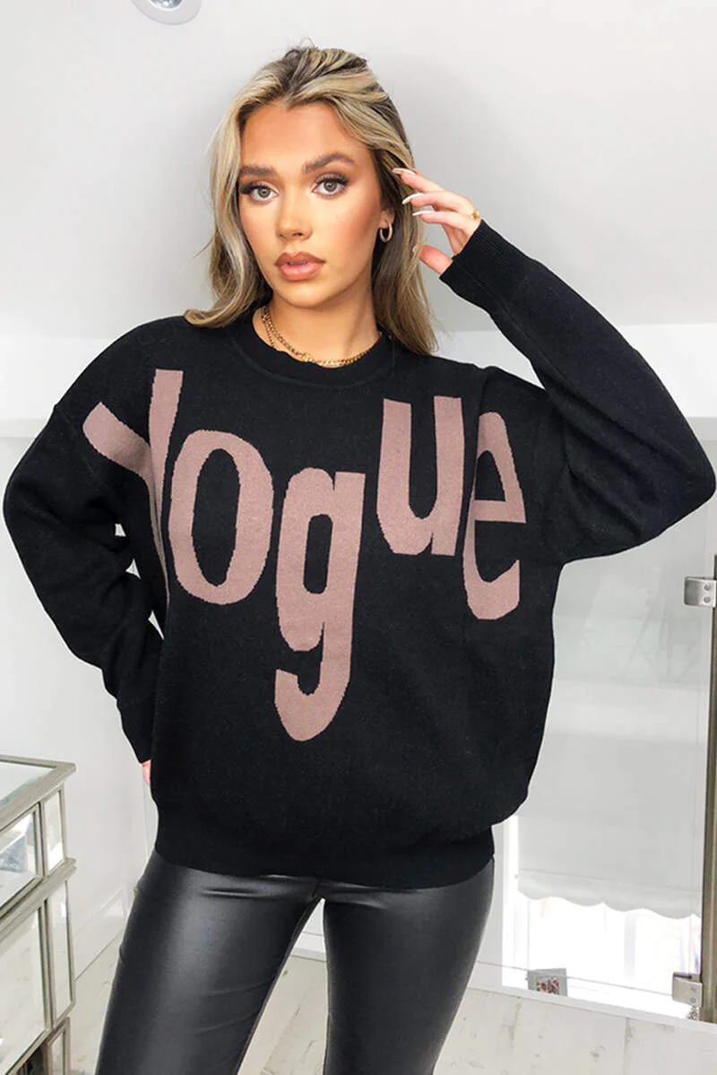 Black V Slogan Knitted Jumper - Swimclubus