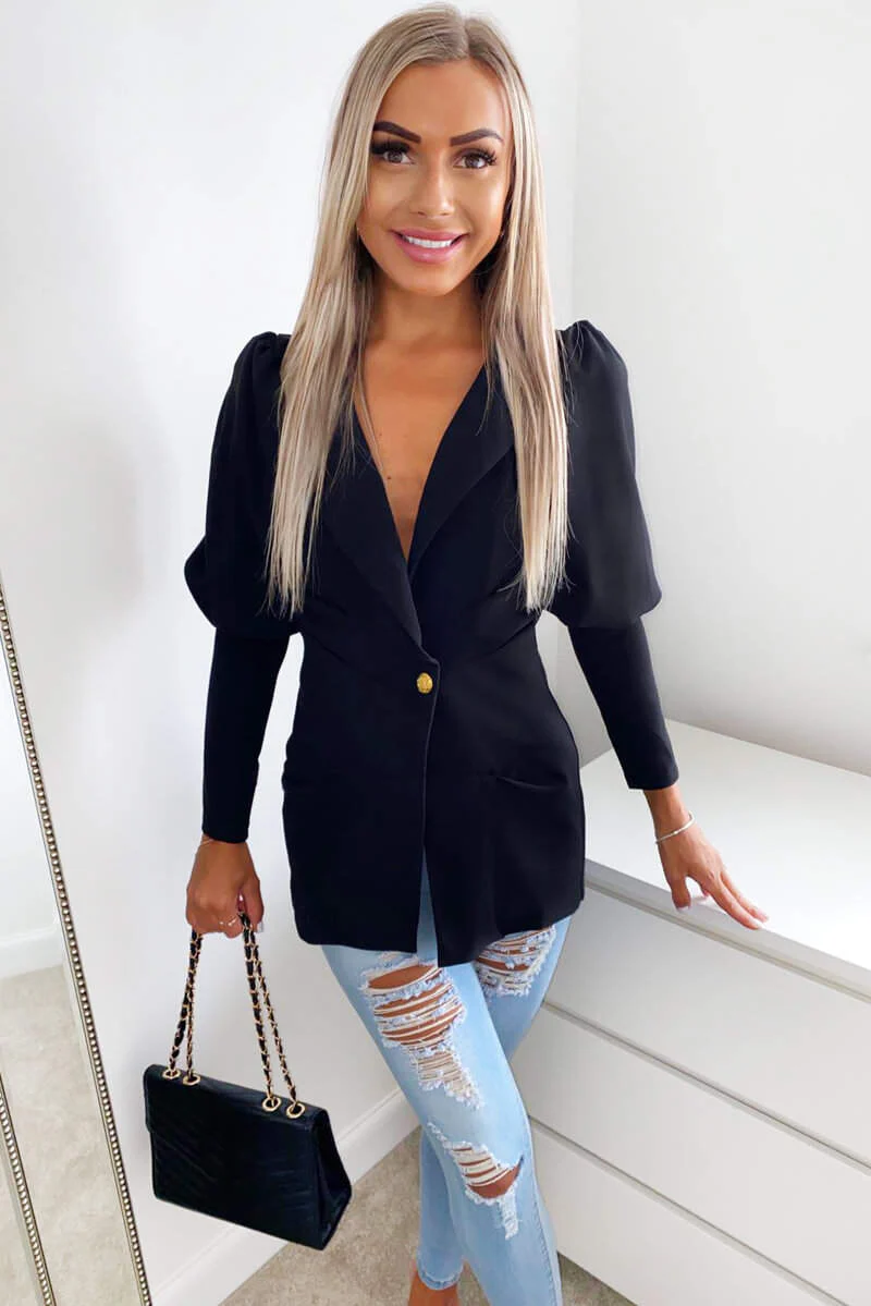 Black Puff Sleeve Blazer - Swimclubus