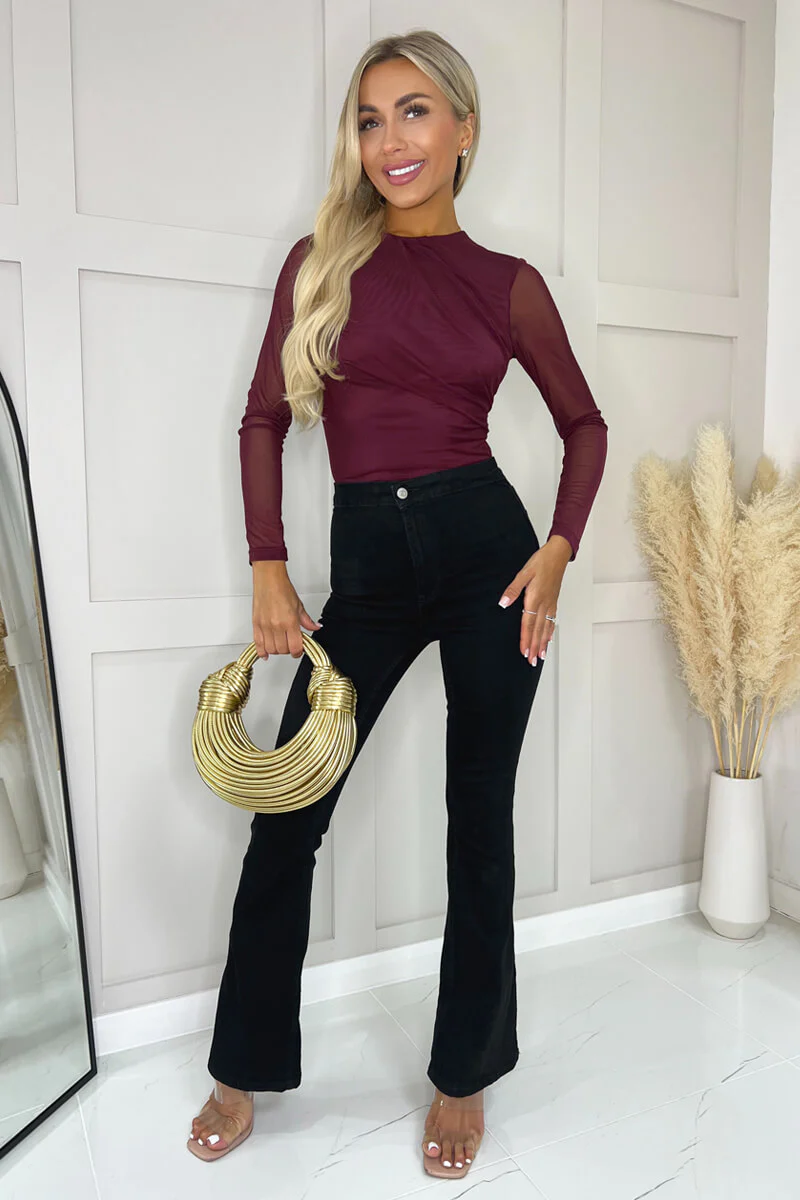 Plum Long Sleeve Pleat Detail Mesh Bodysuit - Swimclubus