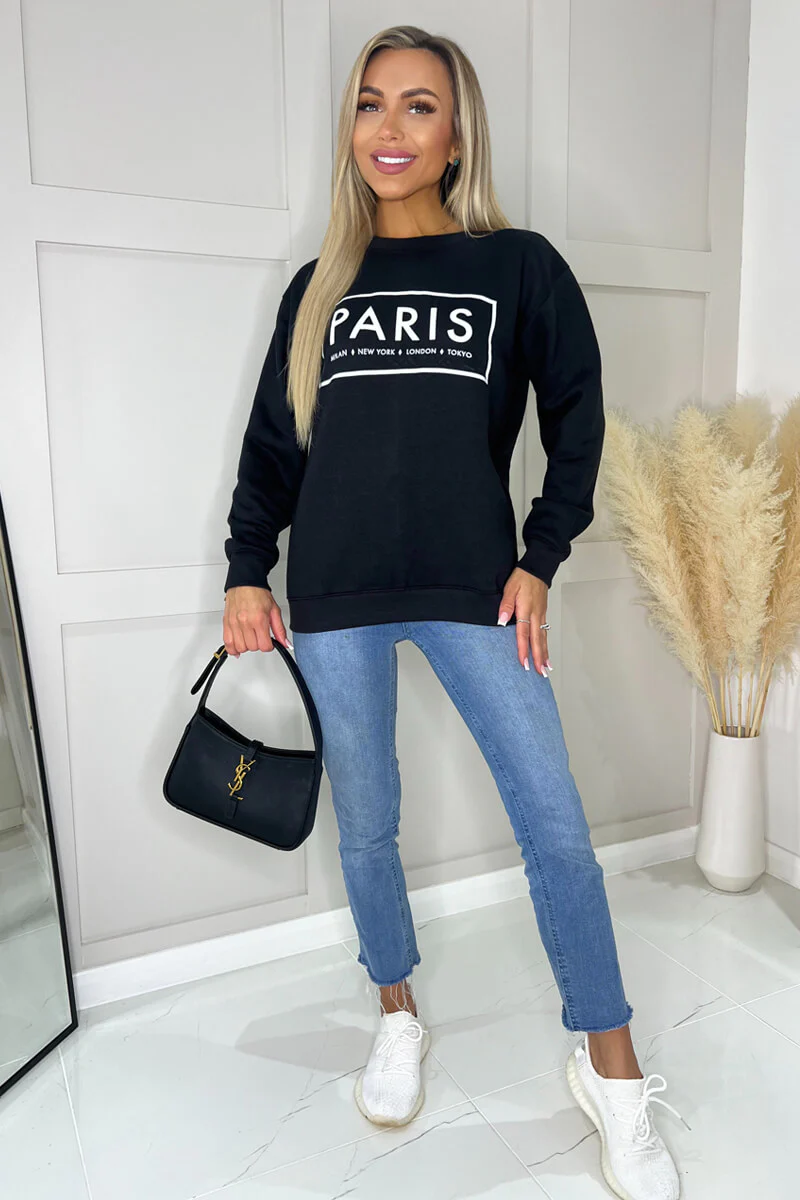 Black Paris Slogan Crew Neck Sweatshirt - Swimclubus