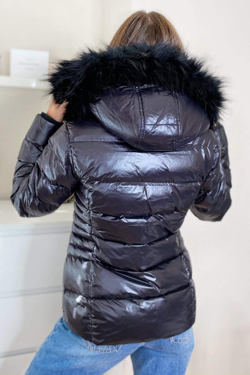 Black Faux Fur Wet Look Coat - Swimclubus